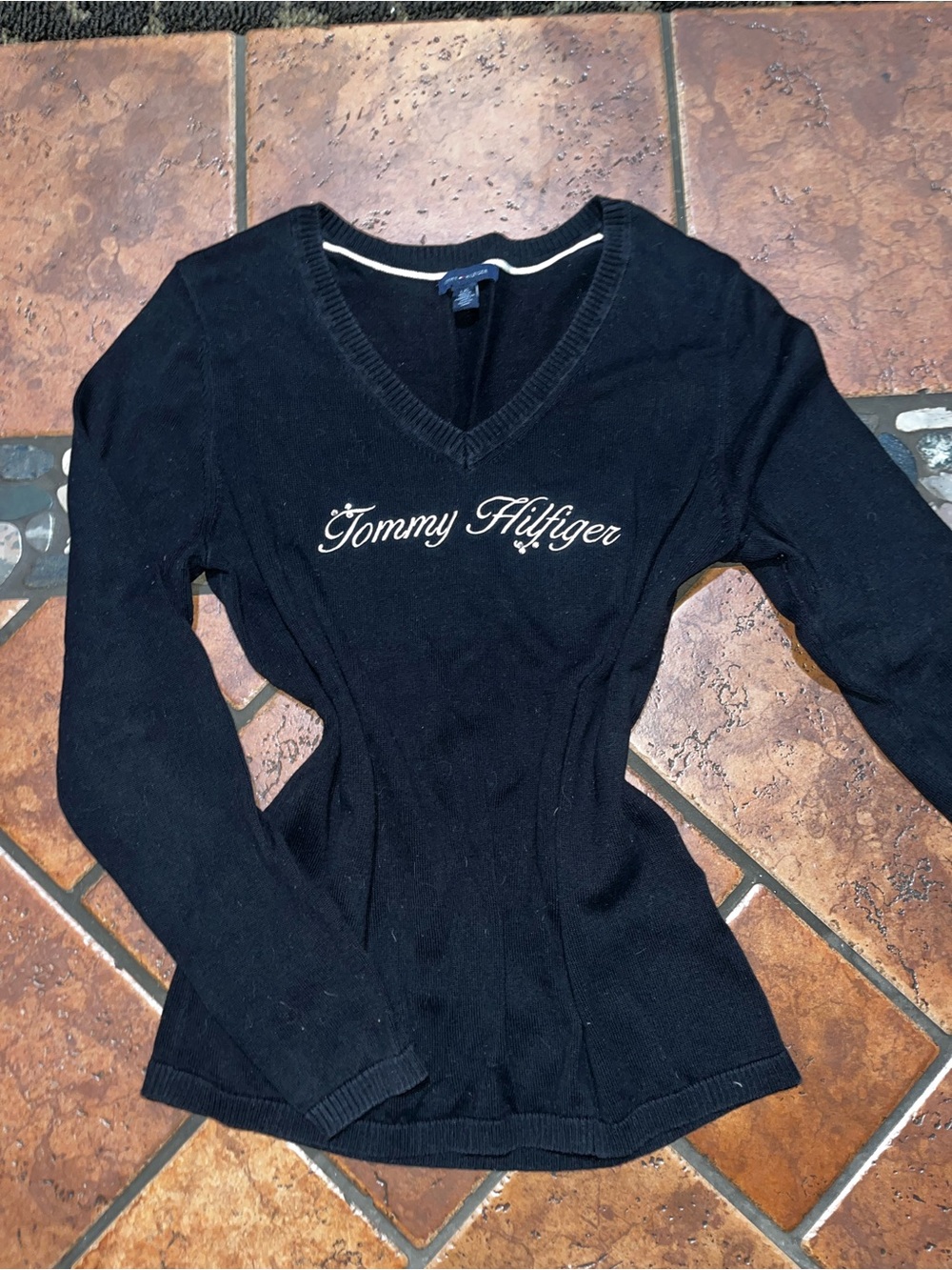 Tommy Hilfiger Black V-Neck Logo Long Sleeve Top